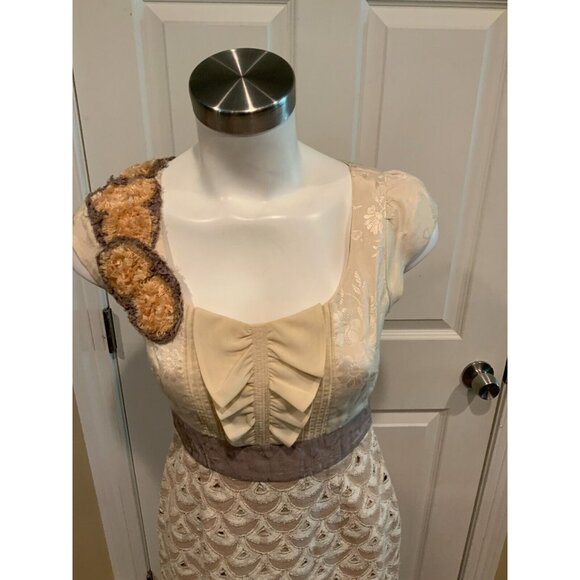 Floreat Anthropologie Cream & Tan Ruffle Embroidered Sleeveless Dress Size 0 - Picture 2 of 8
